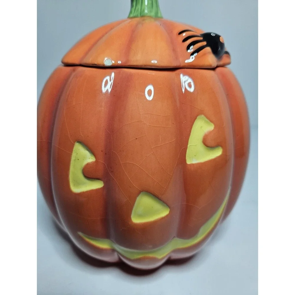 Hallmark Halloween Pumpkin Ceramic Cookie Jar Jack O Lantern Spider Vintage 7in